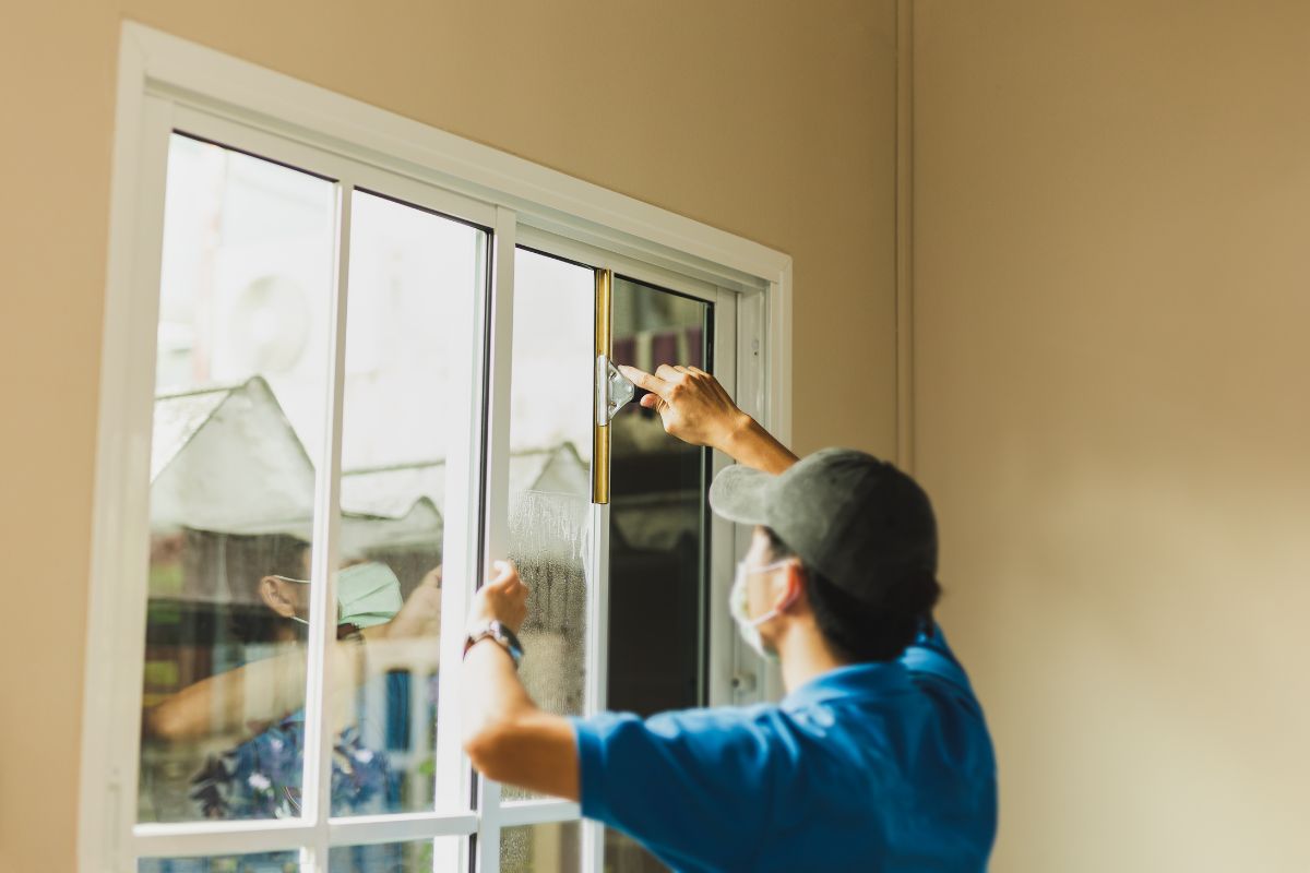  A man applies white vinegar to a window frame, focused on achieving a smooth finish.