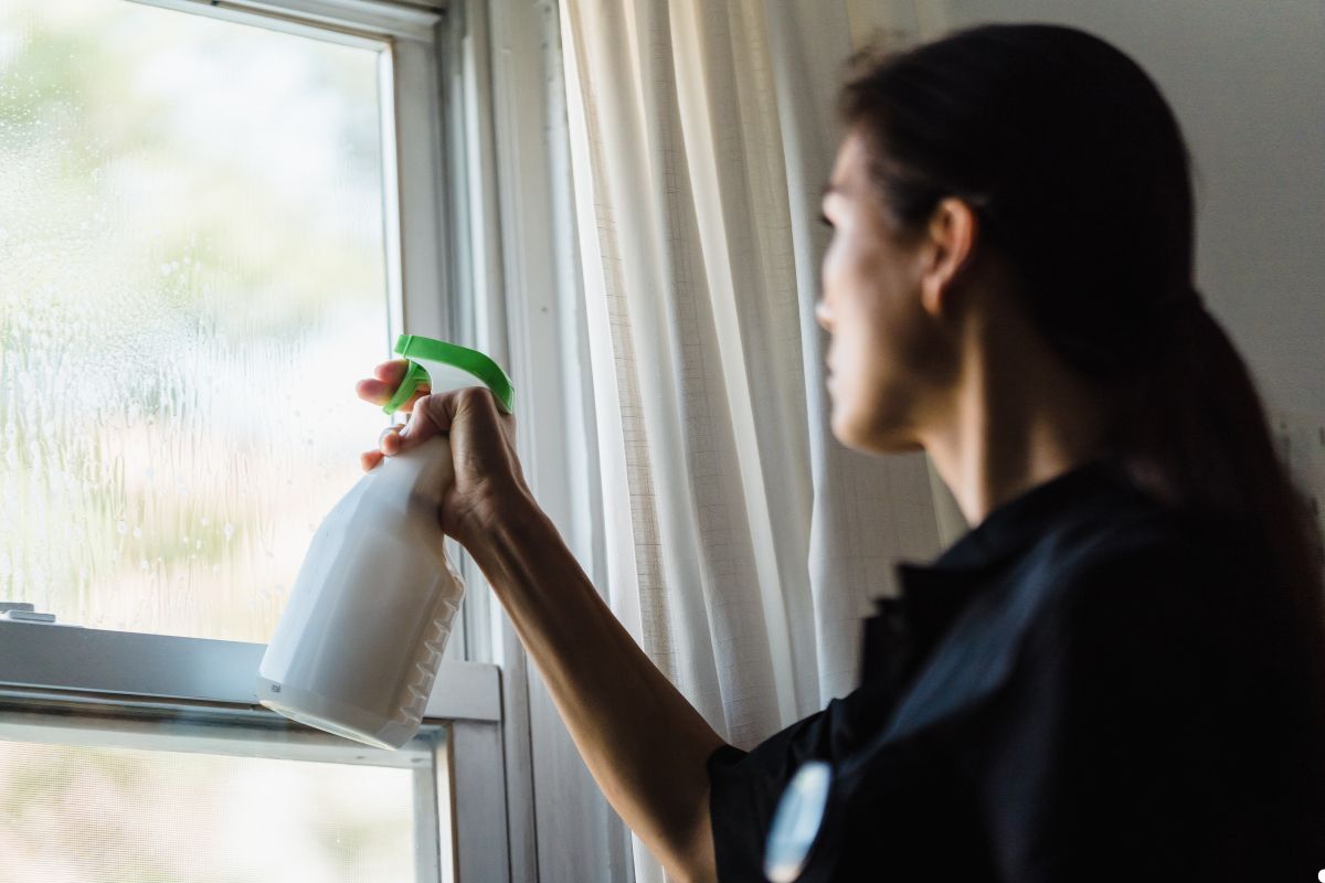 A woman cleans a window using a spray bottle, demonstrating effective window maintenance and care. 