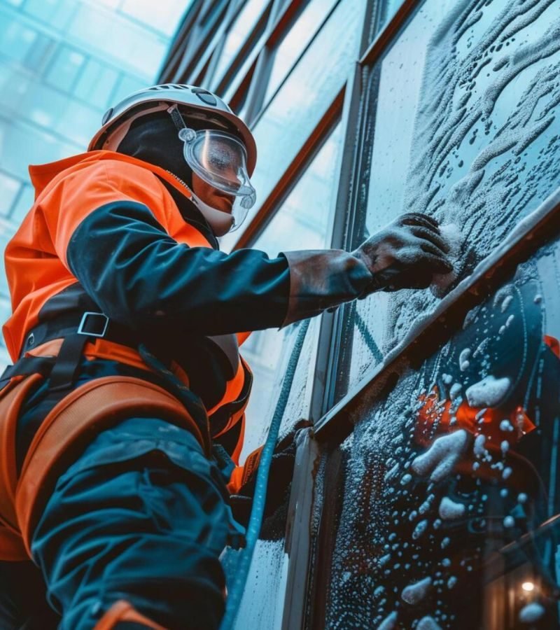 An individual in an orange safety vest performs window cleaning duties for an exterior window washing service.
